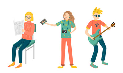 Set of girls and boys engage in hobbies. Vector illustration in flat cartoon style.