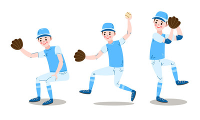 Set of baseball player character in different poses. Vector illustration in flat cartoon style.