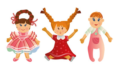 Set of cute baby dolls in different clothes and with varied hairstyles. Vector illustration in flat cartoon style.