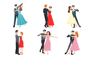 Set of young elegant male and female pairs of dancers. Vector illustration in flat cartoon style.