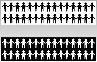 equal sign between people. Silhouettes of a man holding hands as a symbol of peace. Black and white illustration