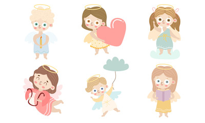 Set of cute beautiful angel kids. Vector illustration in flat cartoon style.