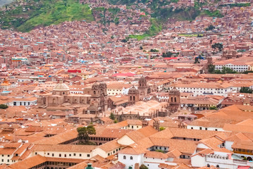 Cusco, view of centre and cityscape of city and mountains from above, Peru, South America