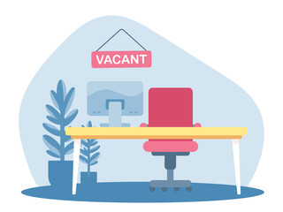 Hiring flat vector poster template. Job interview invitation. Laptops on desk, table isolated clipart. Employment, hiring, recruitment. Join our team. HR management. Open vacancy advertising.