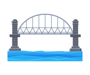 Iron Bridge with Concrete Pillars, Architectural Design Element, Bridge Construction Flat Vector Illustration