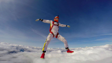 Uniform. Professional equipment protects the skydiver during the flight. Bird eye height.