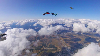 Naklejka na ściany i meble Protection. Professional equipment protects the skydiver during the flight. Bird eye height.