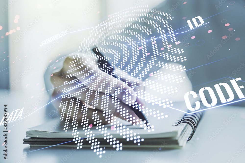 Poster Abstract creative fingerprint illustration with man hand writing in diary on background, personal biometric data concept. Multiexposure