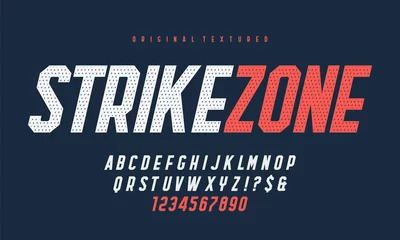 Zelfklevend Fotobehang Vector condensed italic dynamic display font design with texture, alphabet, character set, typeface, typography, letters and numbers. © VWORLD