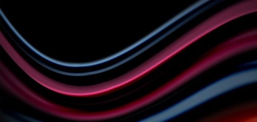 Abstract silk smooth lines on black, multicolored liquid fluid rainbow style waves on black