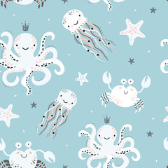 Cute seamless pattern with octopus, jellyfish, starfish, crab.