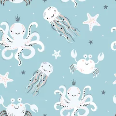 Wall murals Sea life Cute seamless pattern with octopus, jellyfish, starfish, crab.