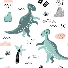 Cute seamless pattern with green dinosaurs.