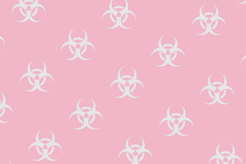 Pastel background pattern of light gray biohazard symbols on pink. New viral infection, pandemic panic.