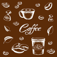 Coffee pattern. Freehand drawing. Imitation of embossed paper. Wrapping paper. Decorative cover. Coffee set
