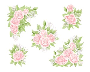 Cream pink rose flower bouquets with green leaves isolated