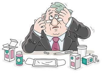 Sad sick man having flu, measuring temperature with a thermometer and taking different pills and other medicines in quarantine, vector cartoon illustration on a white background