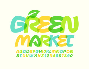 Vector logo Green Market with decorative leaf. Transparent color Font. Creative Alphabet Letters and Numbers