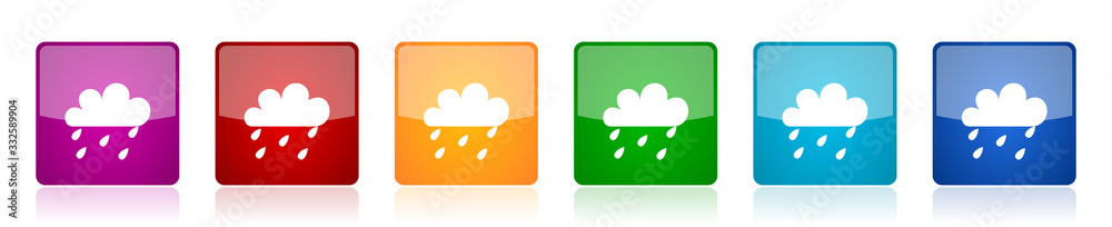 Aufkleber Rain icon set, colorful square glossy vector illustrations in 6 options for web design and mobile applications