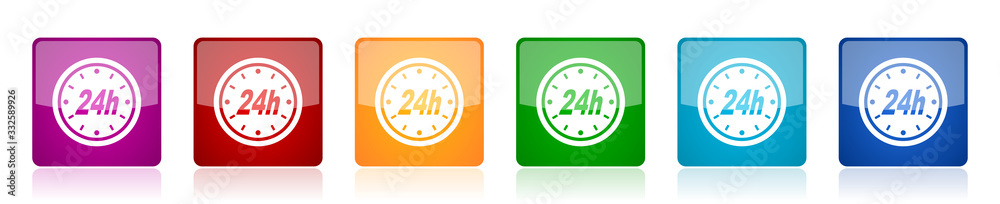 Leinwandbilder 24h icon set, colorful square glossy vector illustrations in 6 options for web design and mobile app