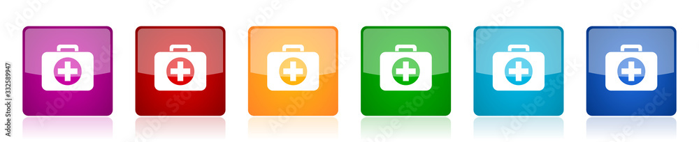 Poster first aid icon set, colorful square glossy vector illustrations in 6 options for web design and mobi