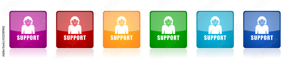 Poster Support icon set, colorful square glossy vector illustrations in 6 options for web design and mobile applications