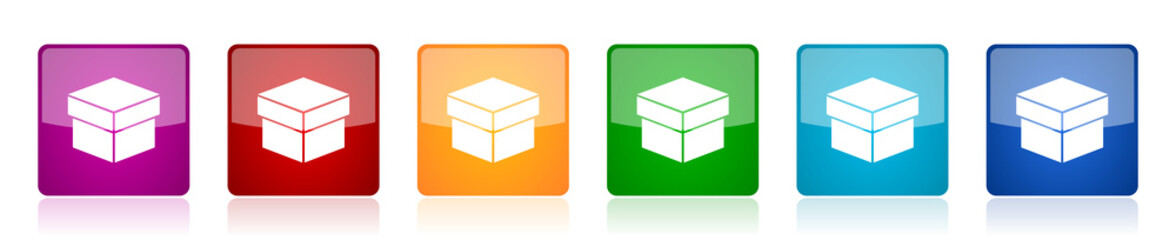 Box icon set, colorful square glossy vector illustrations in 6 options for web design and mobile applications