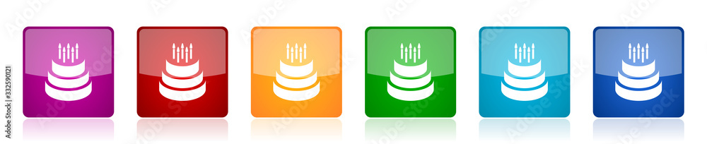 Aufkleber cake icon set, colorful square glossy vector illustrations in 6 options for web design and mobile ap