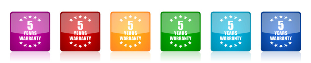 Warranty guarantee 5 year icon set, colorful square glossy vector illustrations in 6 options for web design and mobile applications