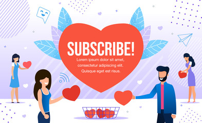Subscribe Promotion in Red Heart for New Followers. Happy Friendly Smiling Man and Woman People Characters Giving Likes, Respect to Blogger in Social Media Metaphor. Marketing, SMM, CEO, Business