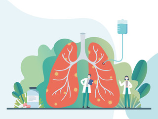 Covid-19 medical illustration.Doctors and nurses treat the lung infected by coronavirus.