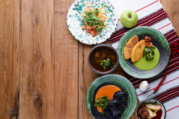 Healthy food. Ukrainian cuisine. Copy space. Healthy dishes and clean eating concept from above.