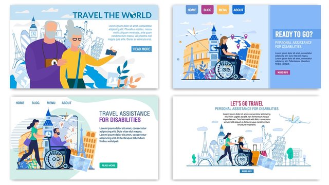 Landing Page Set Offer Best Tour for Senior and Disabled People. Personal Assistance during Transportation Abroad. World Travel for Pensioners. Follow Dream. Rehabilitation Trip. Vector Illustration