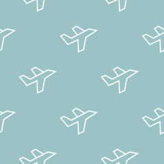 White line Plane icon - seamless pattern on blue background. Flying airplane icon. Airliner sign. Vector Illustration