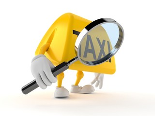 Taxi character looking through magnifying glass