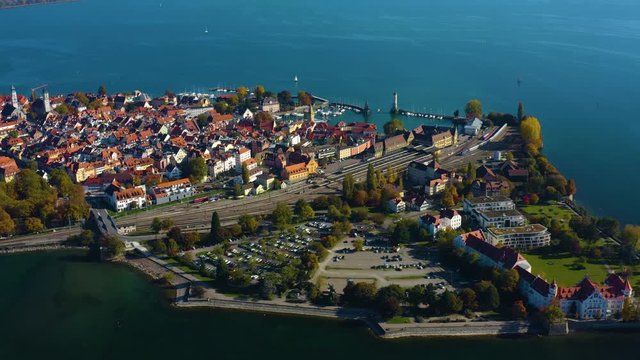 Aerial view of the city and island Lindau on lake Constance in Germany on a sunny day in autumn.