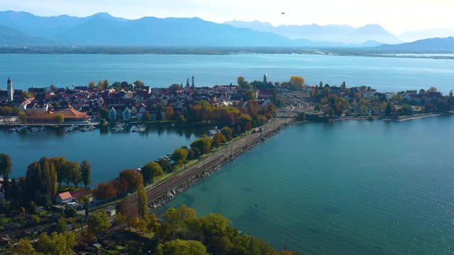 Aerial view of the city and island Lindau on lake Constance in Germany on a sunny day in autumn.