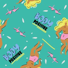 Vector seamless pattern with cartoon blonde Topless and pink bikini. A funny background. - 332593344