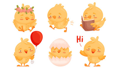Cartoon Chicken Character Wearing Floral Wreath and Greeting Vector Set