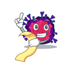 cartoon character of nyctacovirus holding menu ready to serve