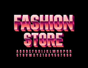 Vector shiny logo Fashion Store. Pink Gold Font. 3D metal Alphabet Letters and Numbers