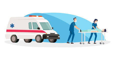 Vector of two nurses who bring patients into the hospital after being taken by ambulance