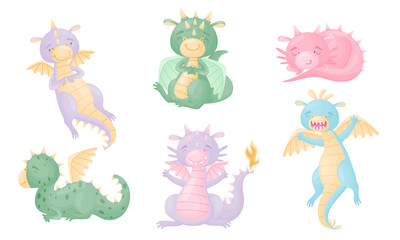 Cute Dragon with Small Wings and Horned Body Vector Set
