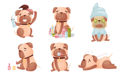 Fototapeta premium Cartoon Puppy Grooming Himself Brushing Teeth and Painting Claws Vector Set