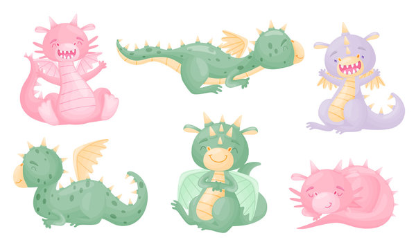 Cute Dragon with Small Wings and Horned Body Vector Set