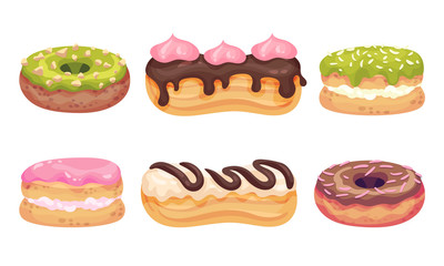 Glazed Doughnuts and Eclair Made from Choux Pastry Vector Set