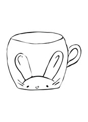 An isolated mug with a drawn bunny for Easter decoration on a white background. Vector illustration