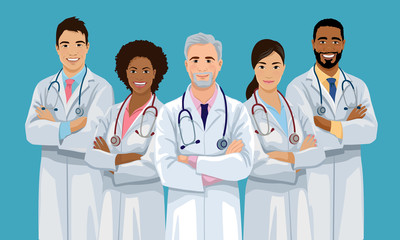 Group of confident doctors of varied nationalities are standing with crossed arms. Medical team. Hospital staff. European, Asian and African American medicine workers. Isolated vector illustration.
