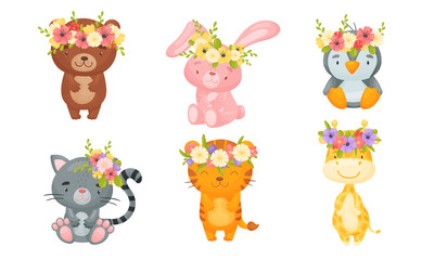 Pretty Animals with Floral Wreaths on Their Heads Sitting and Standing Vector Set