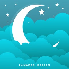 Fototapeta na wymiar Ramadan Kareem arranges poster designs or invitations with 3D paper, Islamic lanterns, stars and moon against a cloud background. Vector illustration. Place for text